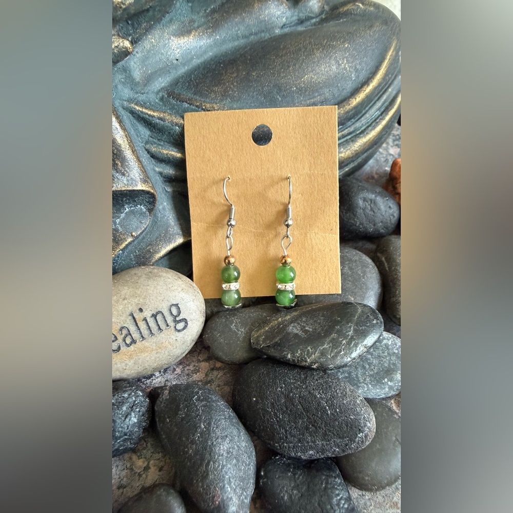 Handmade Stainless steel hook green bead earrings. Great for St. Patrick’s Day